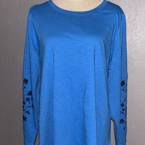 Susan Graver Sky Blue Long Sleeve Top with Black Floral Detail